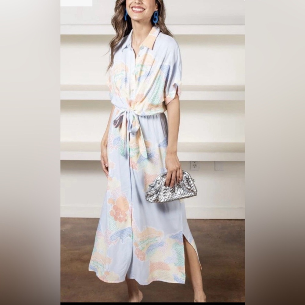 FRNCH Womens Short Sleeves Diana Shirt Dress Pastel Sz M 100% Viscose Resortwear